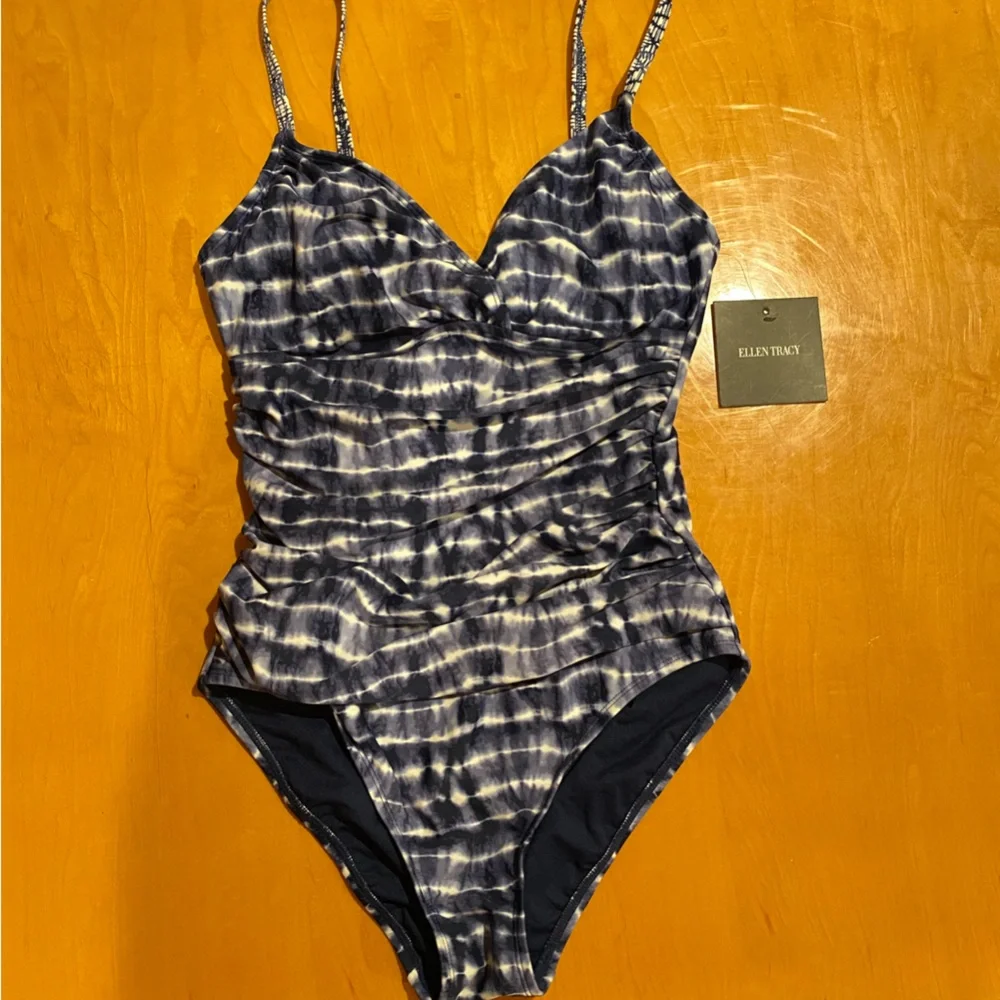 Ellen Tracy Navy and White Tie-Dye One-Piece Swimsuit
